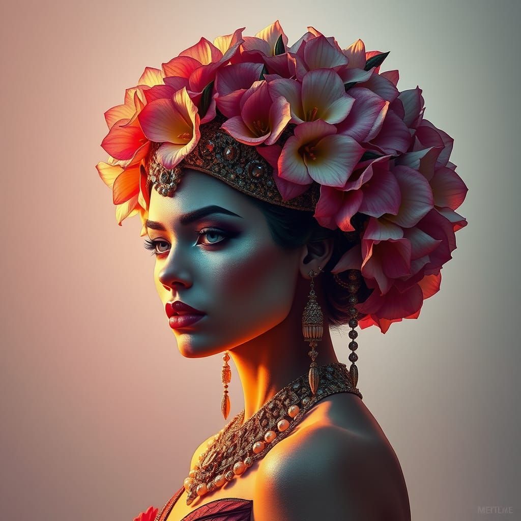 Majestic Woman in Art Nouveau-Inspired Portrait with Million...