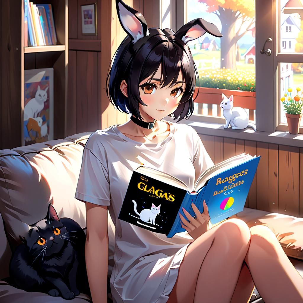 Anime Girl Reading Manga with Cats and Rabbits