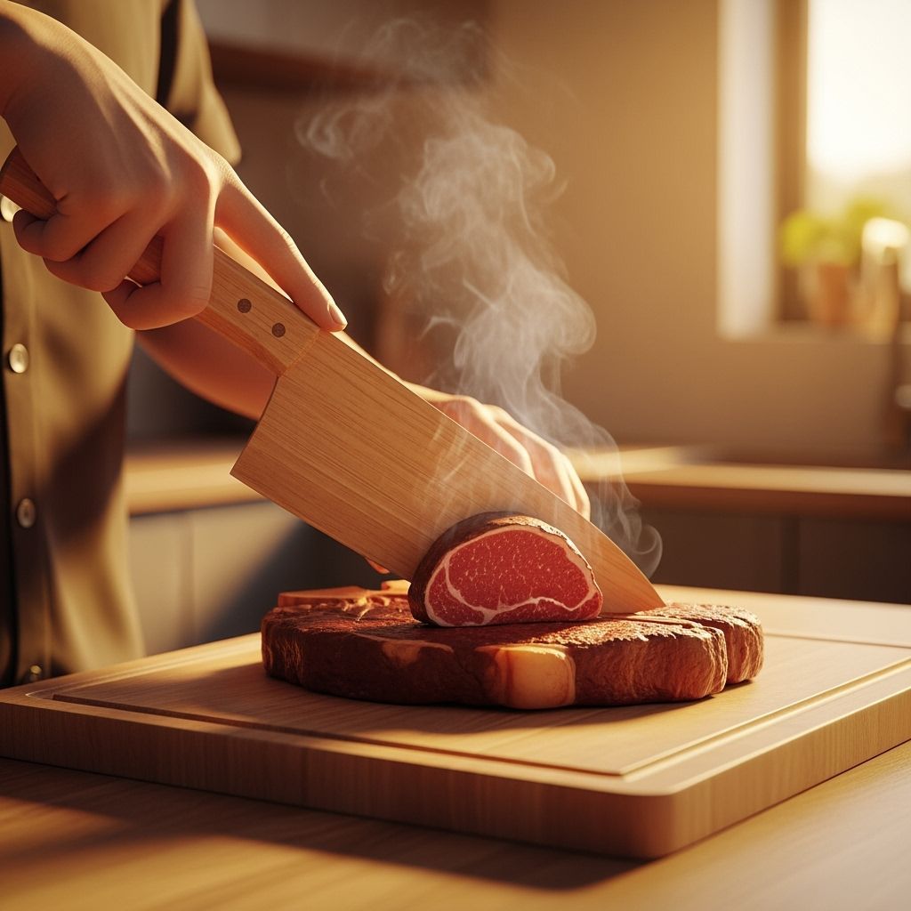 Realistic Wooden Knife Slicing Steak in Minimalist Kitchen