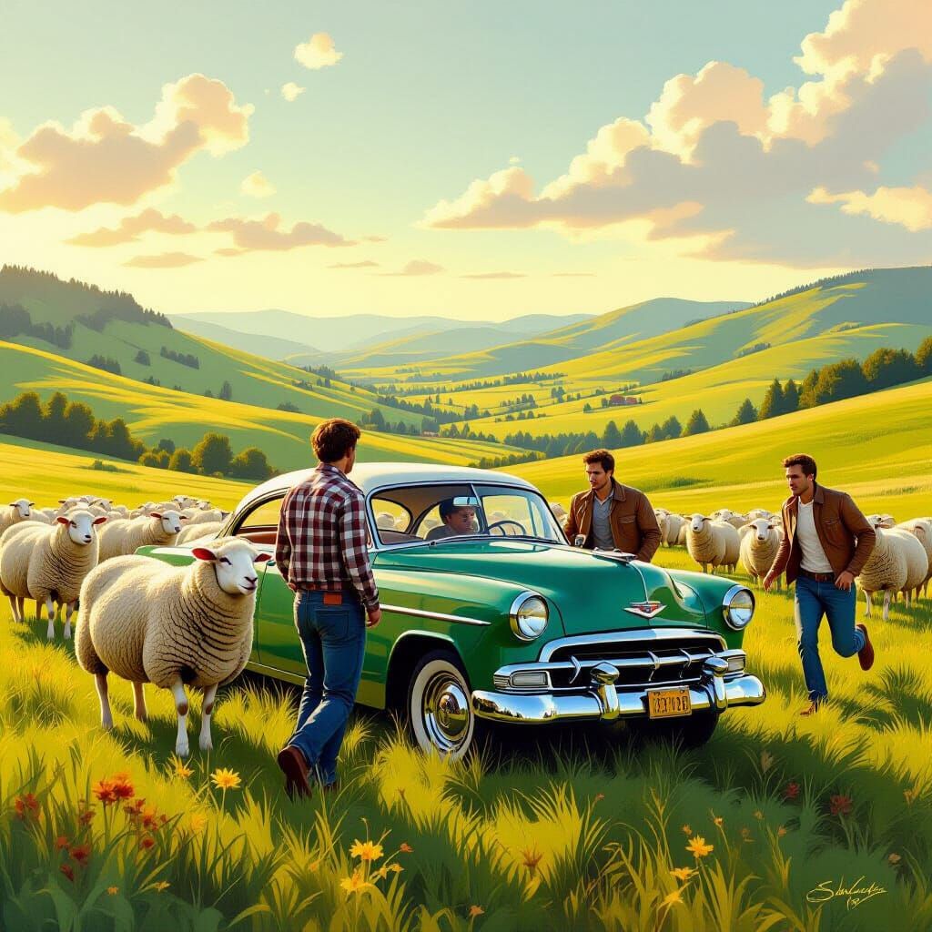Sheeps Surround Car in Summer Landscape