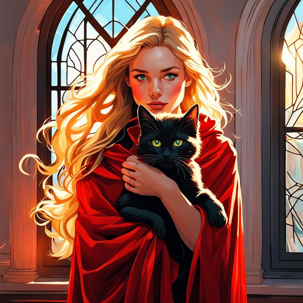 Golden-Haired Maiden with Kitten, Hyperdetailed Portrait