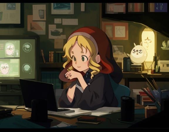 Fantastical Cyberpunk Hacking Scene in Ghibli-Inspired Style