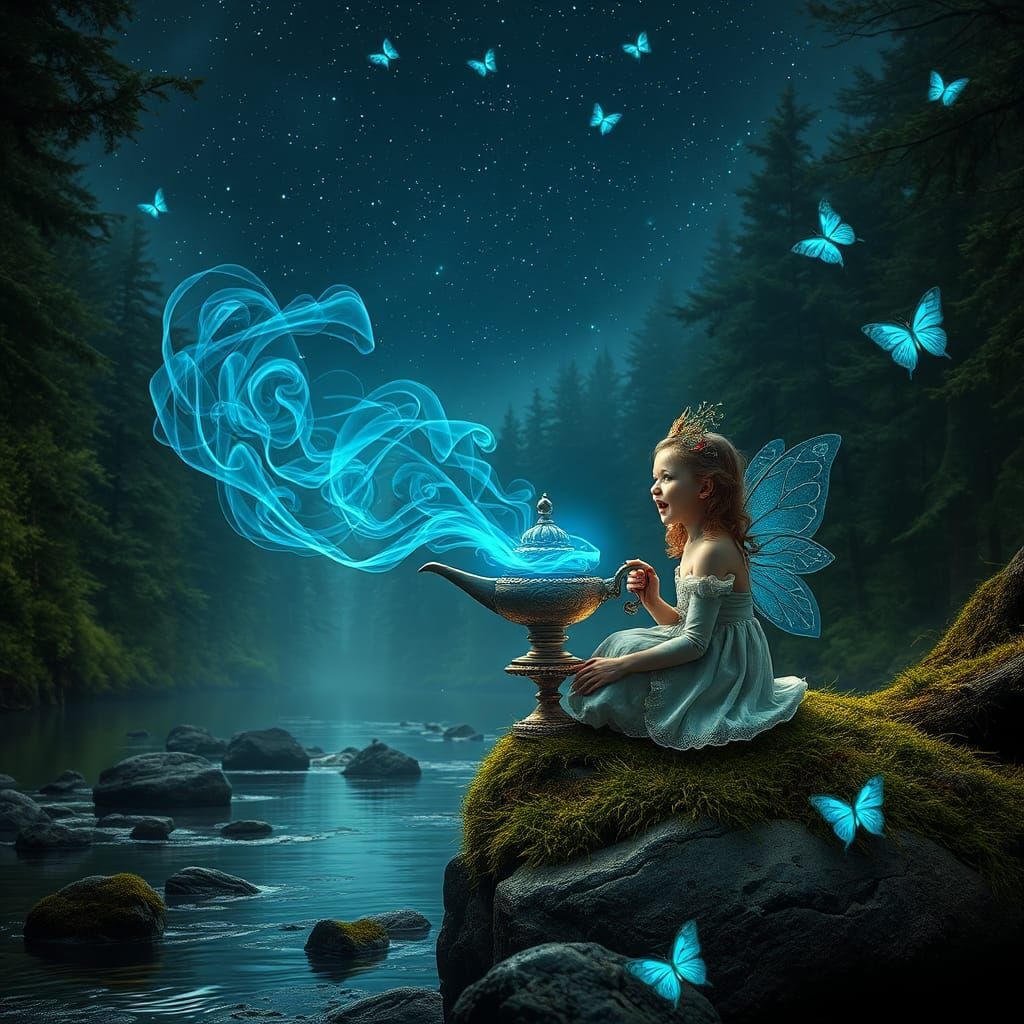 Fairy with Genie Lamp in Beksiński-Inspired Forest