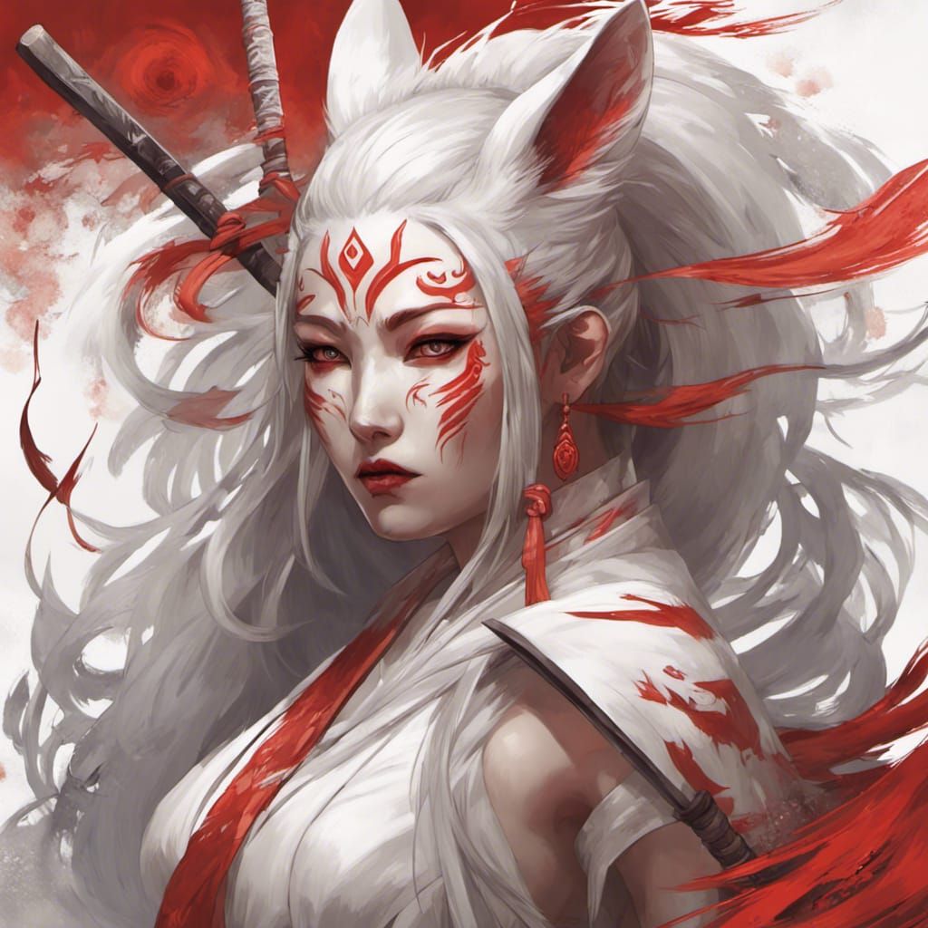 Kitsune Portrait with Katana in Art Nouveau Style