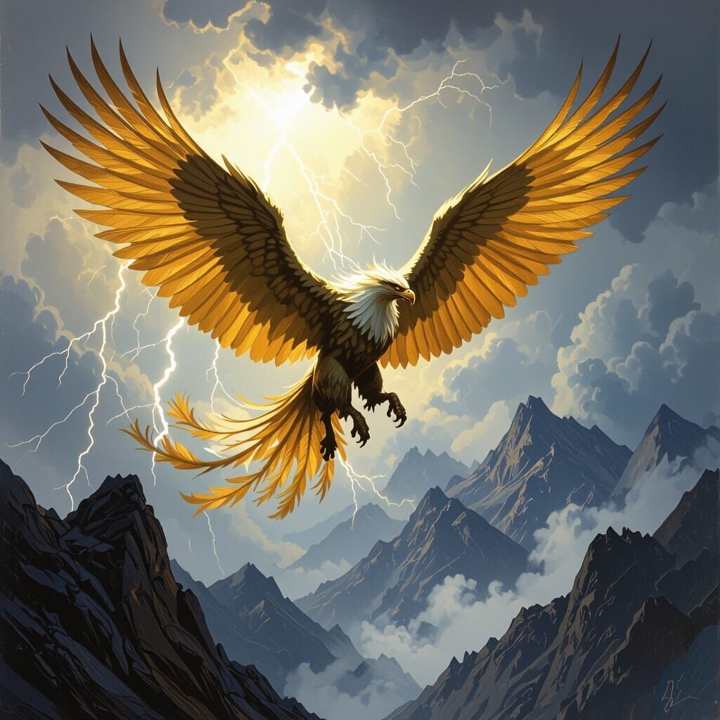 Majestic Griffin Soars Through Stormy Sky in Fantasy Style