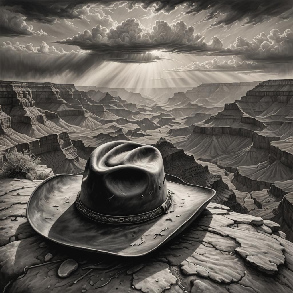 Battered Cowboy Hat Charcoal Drawing in Grand Canyon