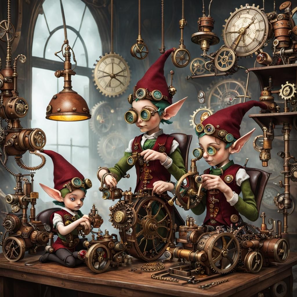 Steampunk Elves Making Toys in Workshop
