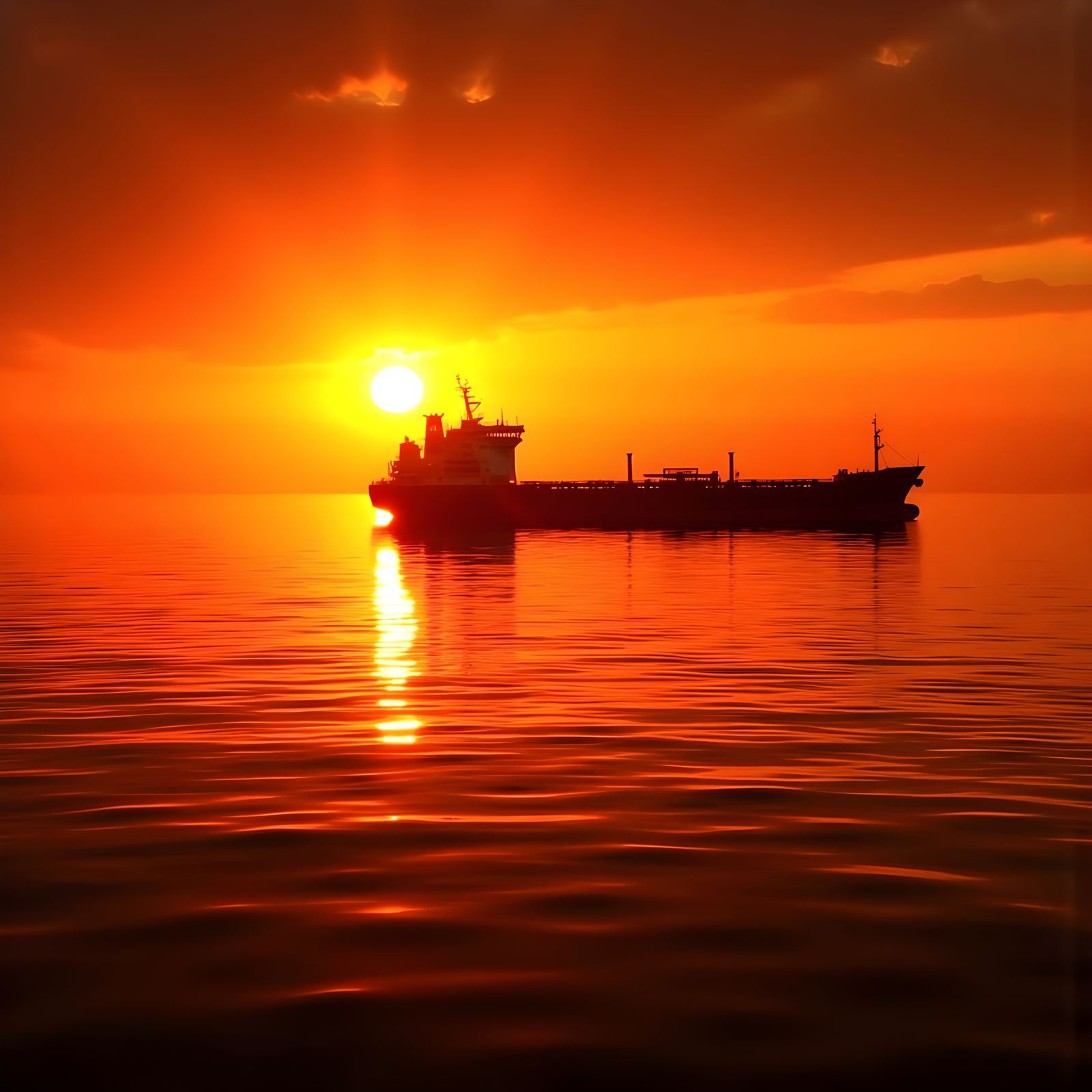 Vibrant Sunrise on the Calm Great Lakes with a Majestic Carg...