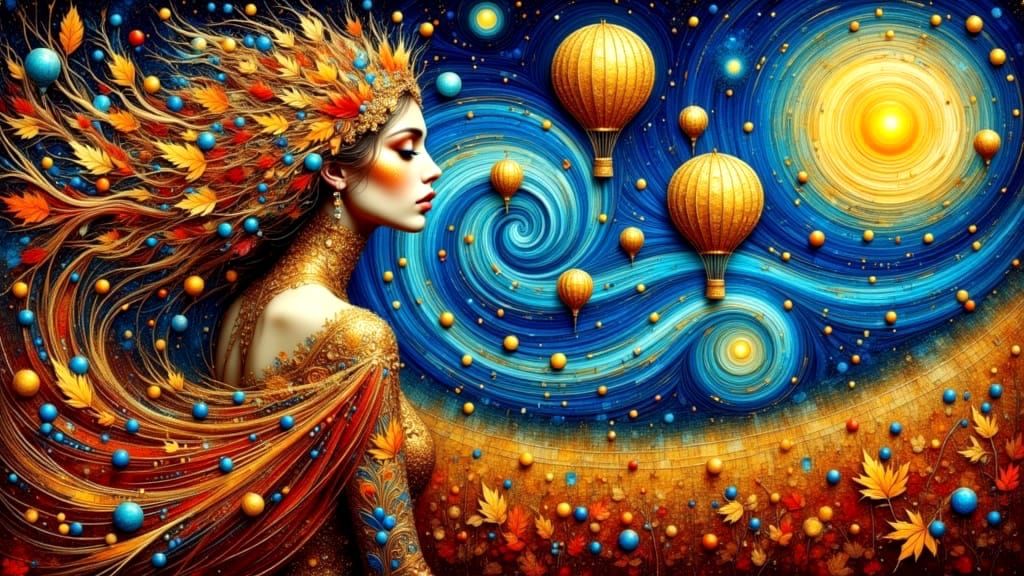 Woman Walking Through Whimsical Autumn Fields in Klimt-Inspi...