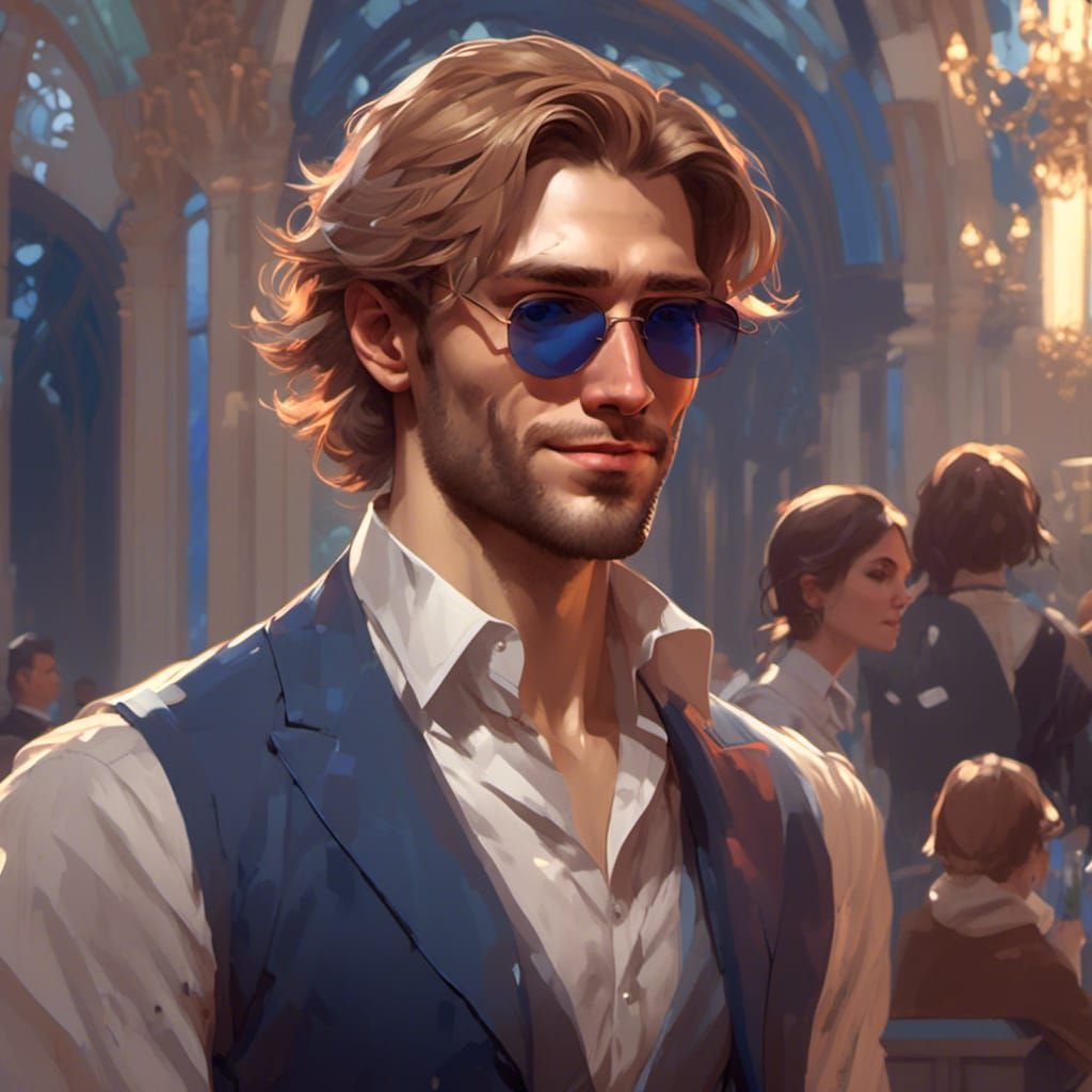 Detailed Portrait of Man in Dress Shirt, Art Nouveau Style