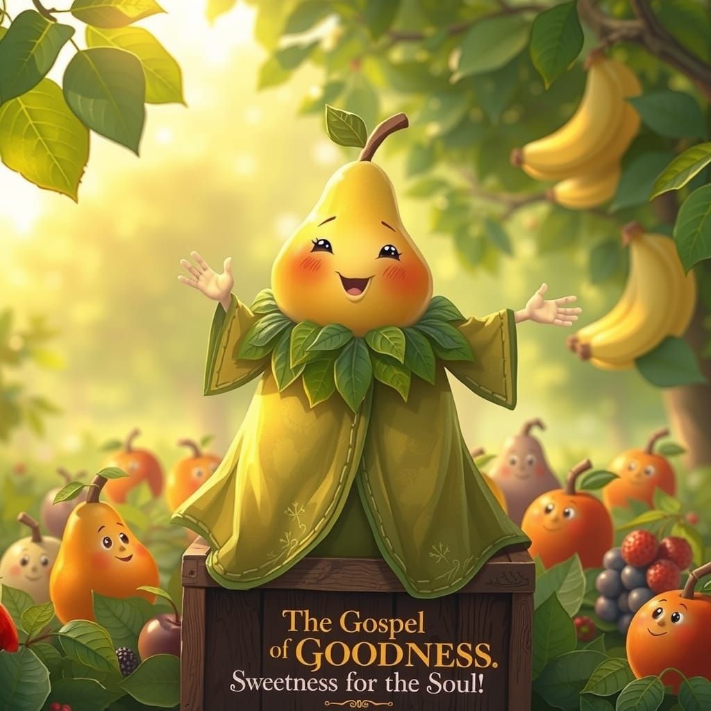 Whimsical Pear Preacher in a Sunlit Orchard