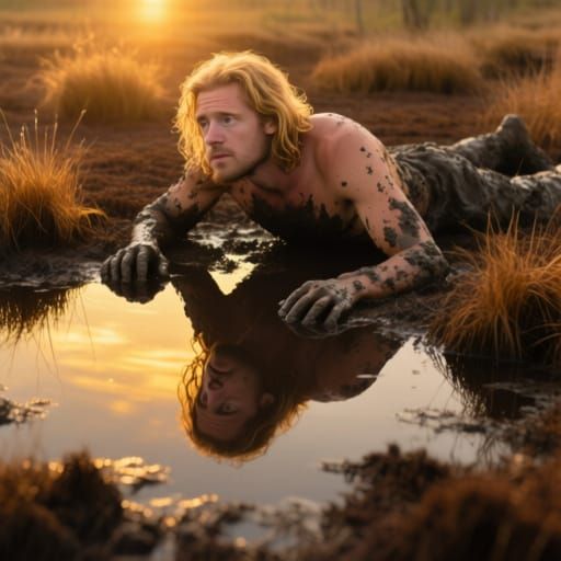Man's Reflection in Golden Bog Pool