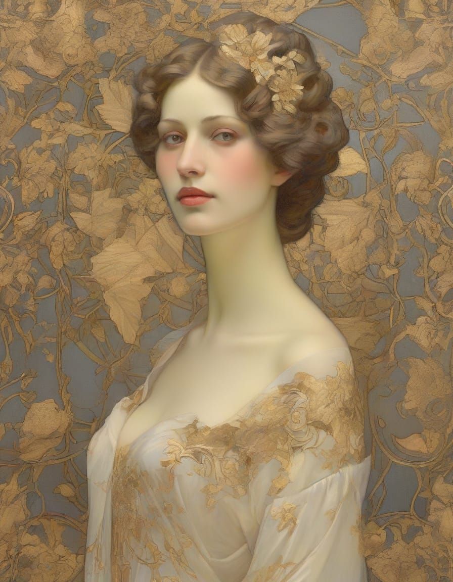 Serene Gold Leaf Portrait in Art Nouveau Style
