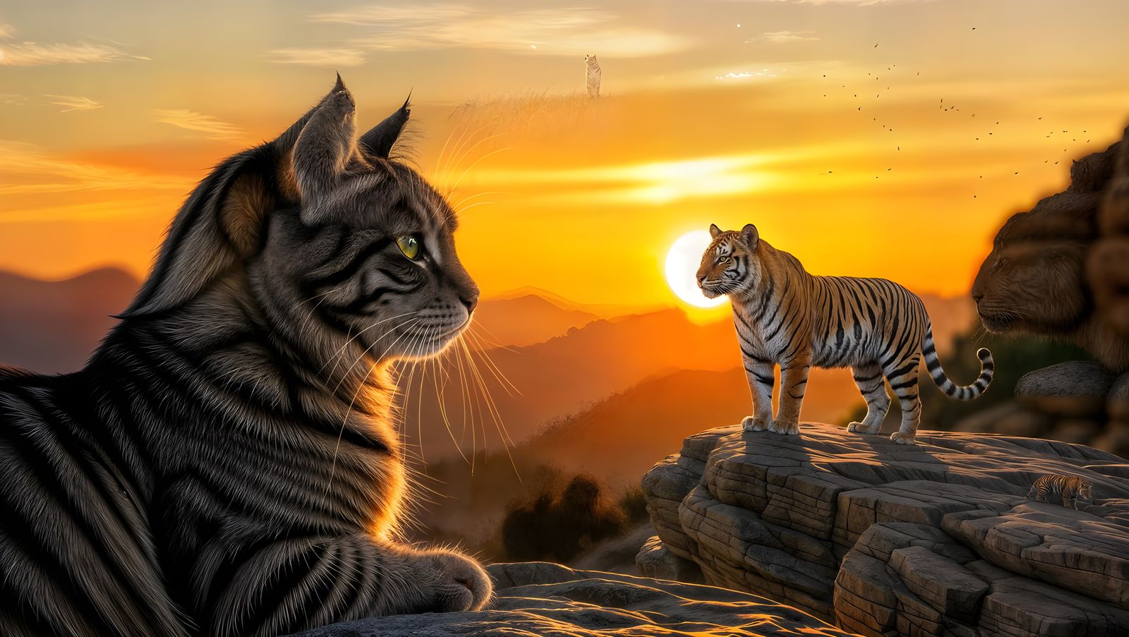Surreal Sunset Cat with Tiger Silhouette in Double-Exposure ...