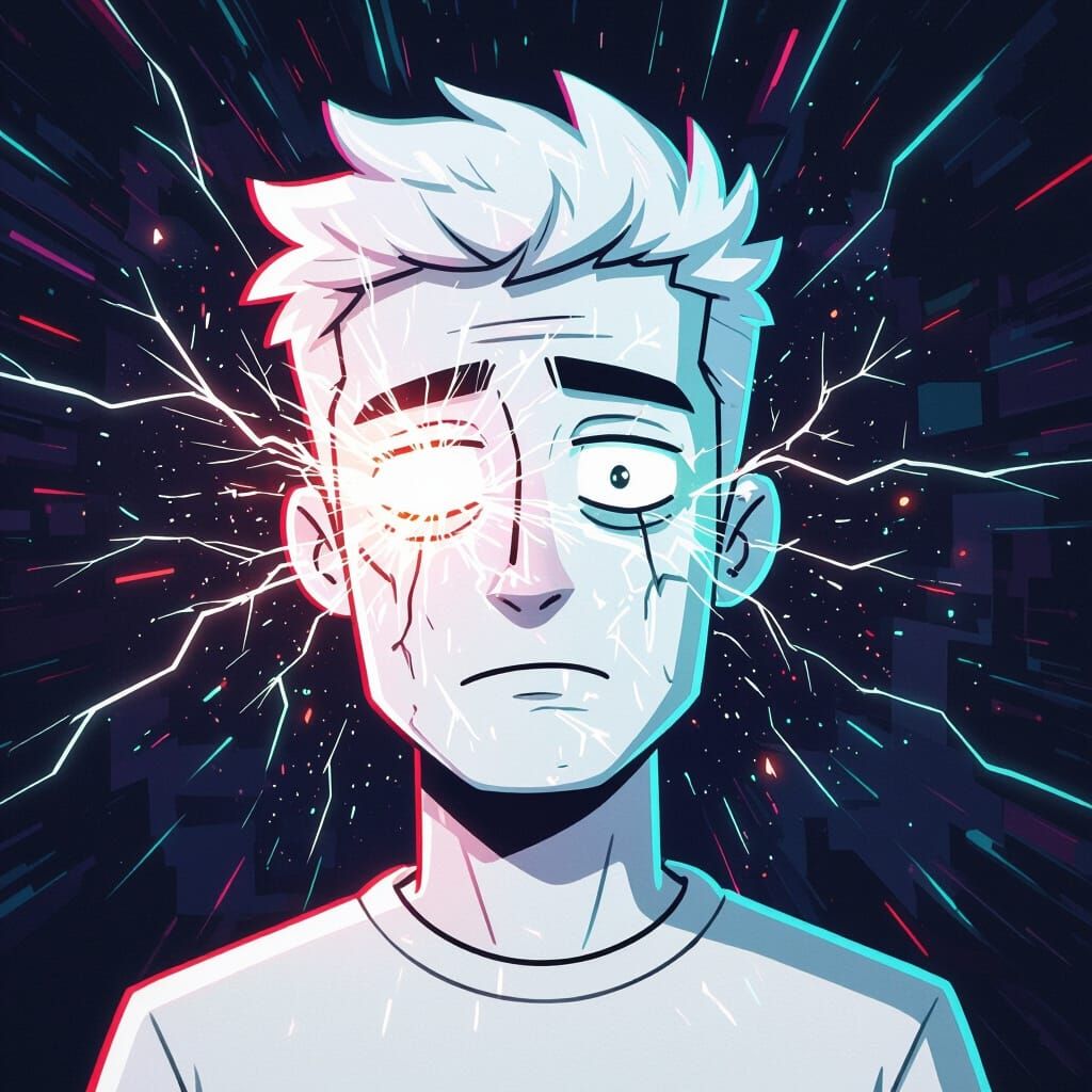 Cartoon Man Glitching with Electric Sparks