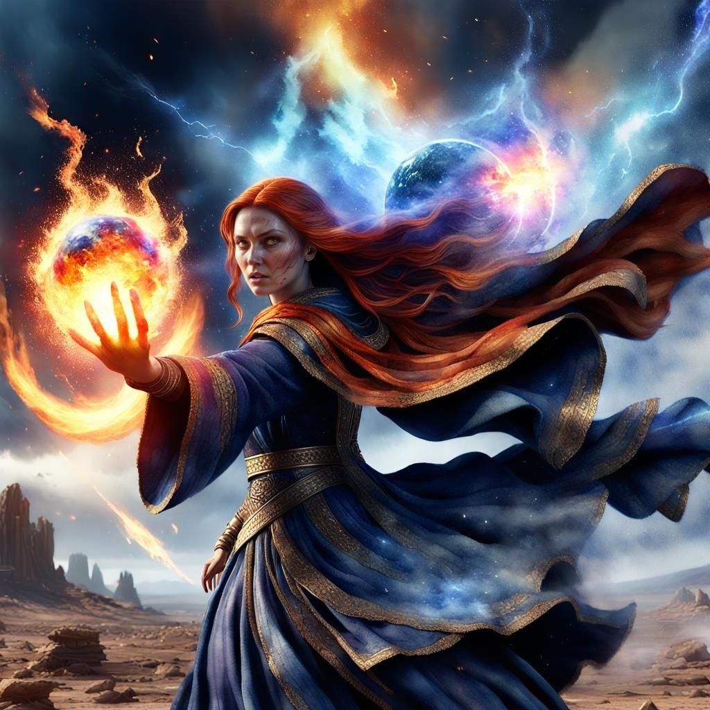 Sorceress Casting Fireball in Watercolor Style