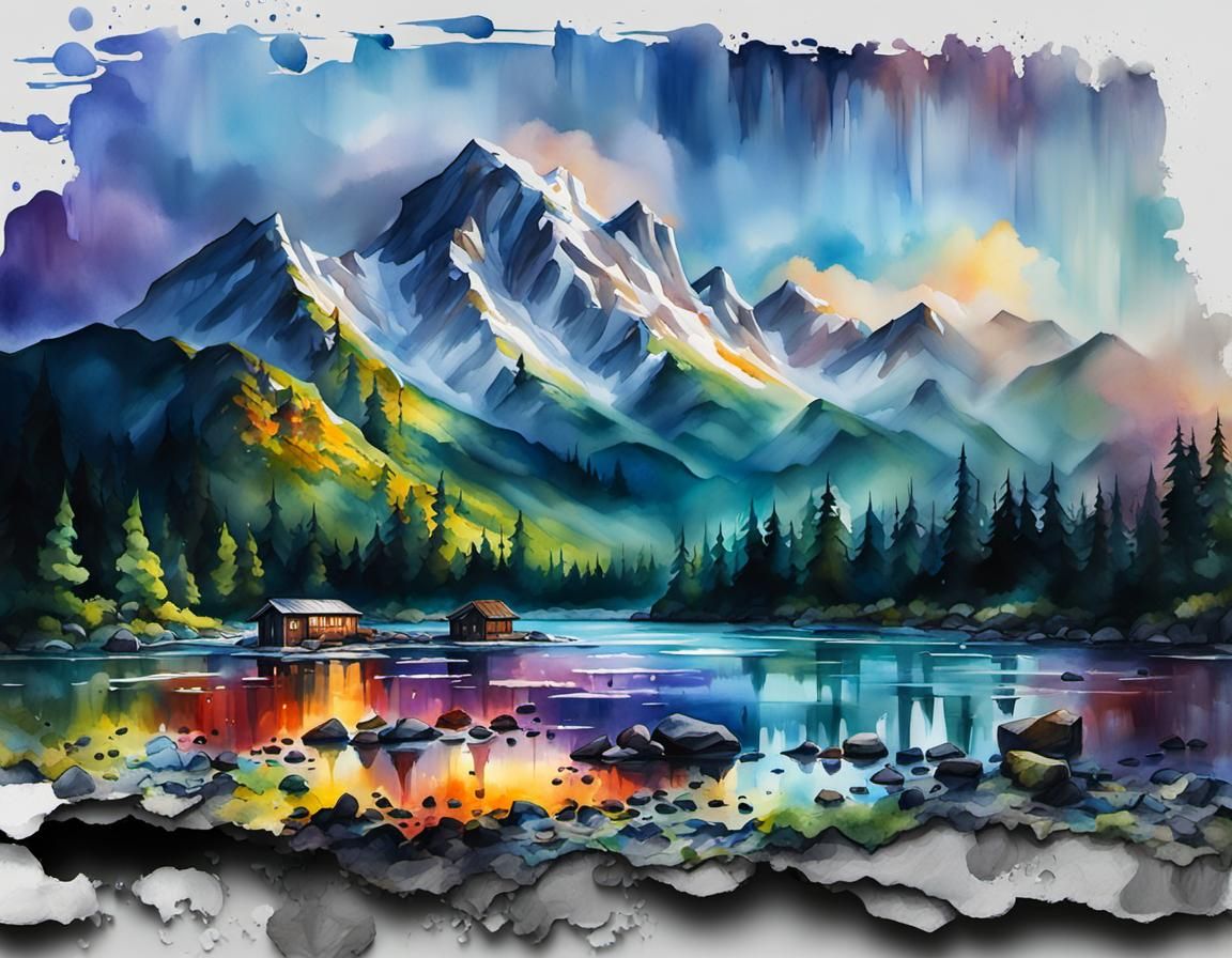 Vibrant Watercolor Landscape with Intricate Details