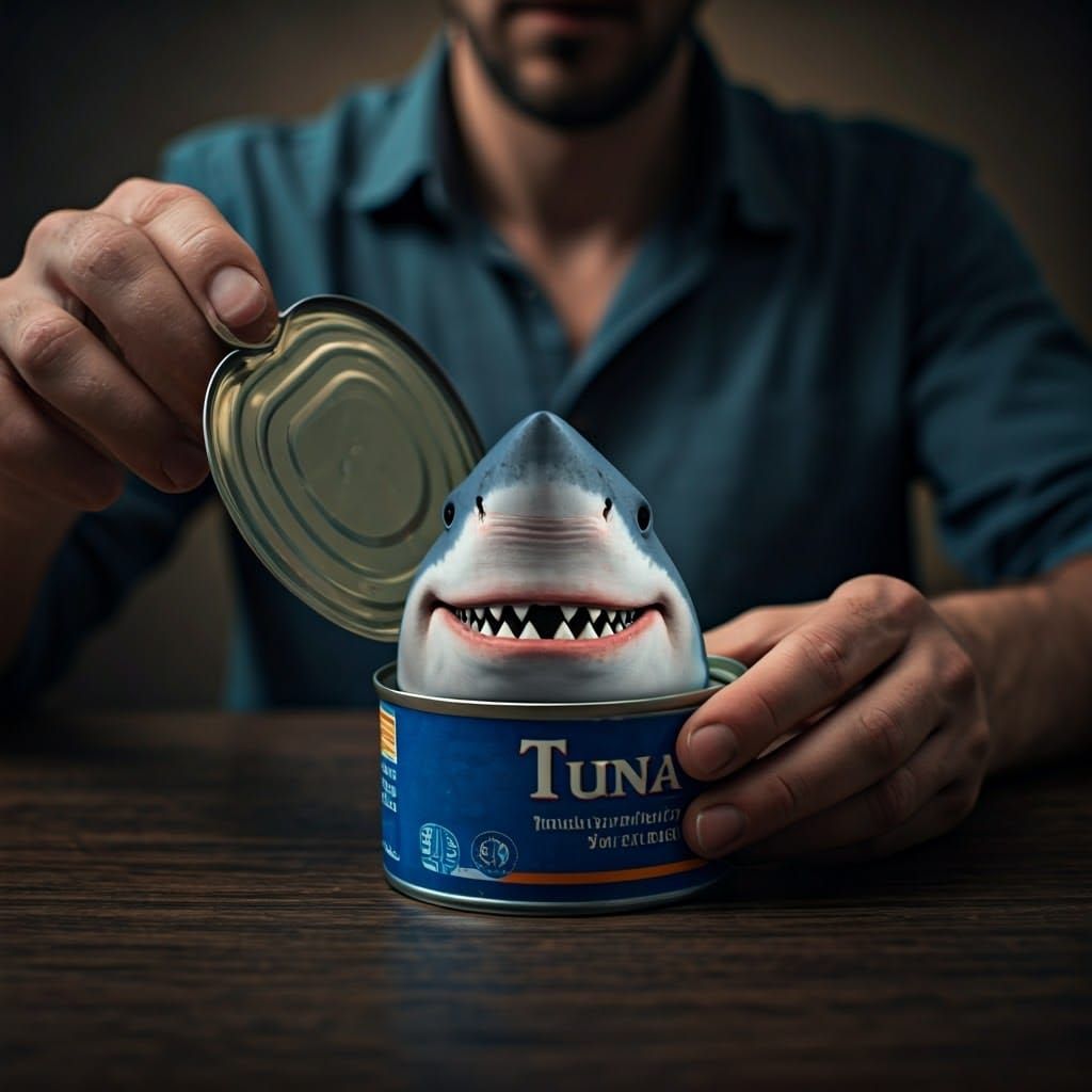Funny Shark Surprise in Tuna Can: Cinematic Still