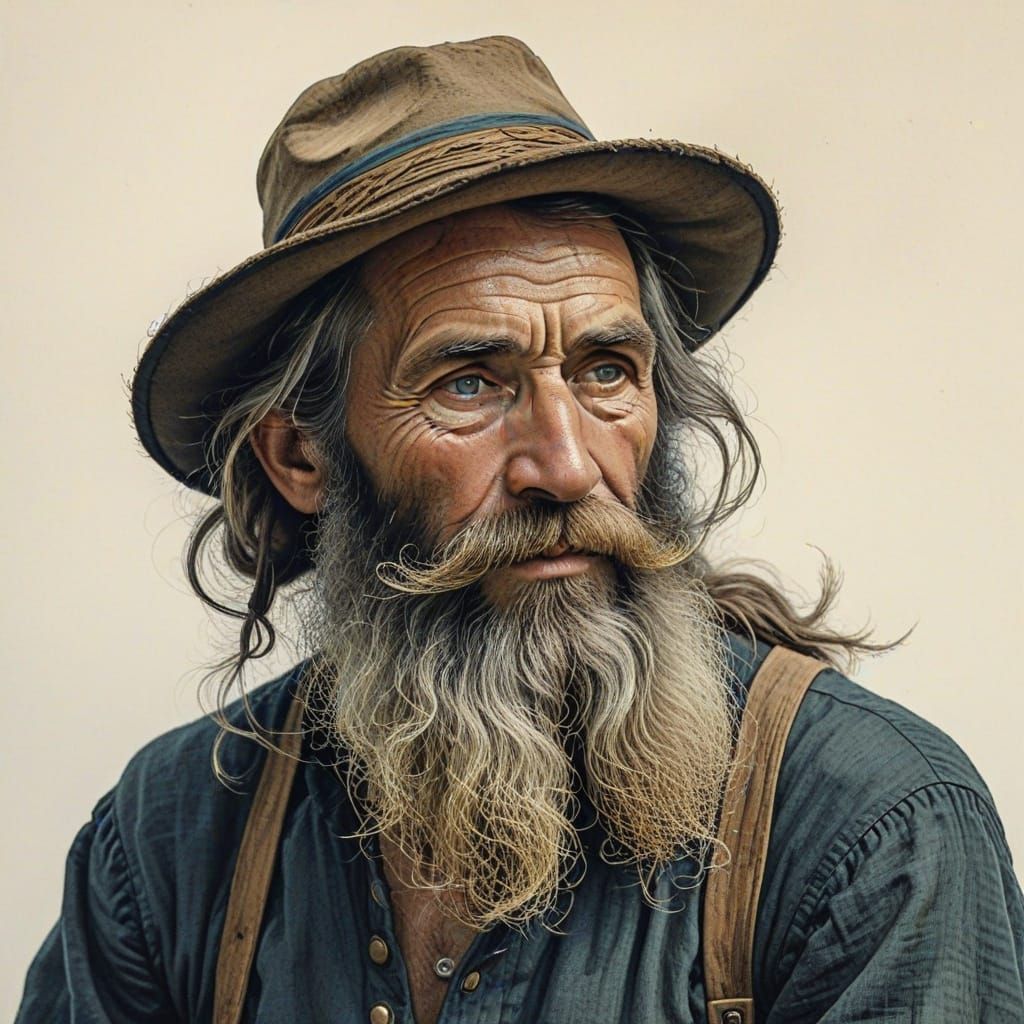 Peasant Farmer Etching in Colored Ink Style