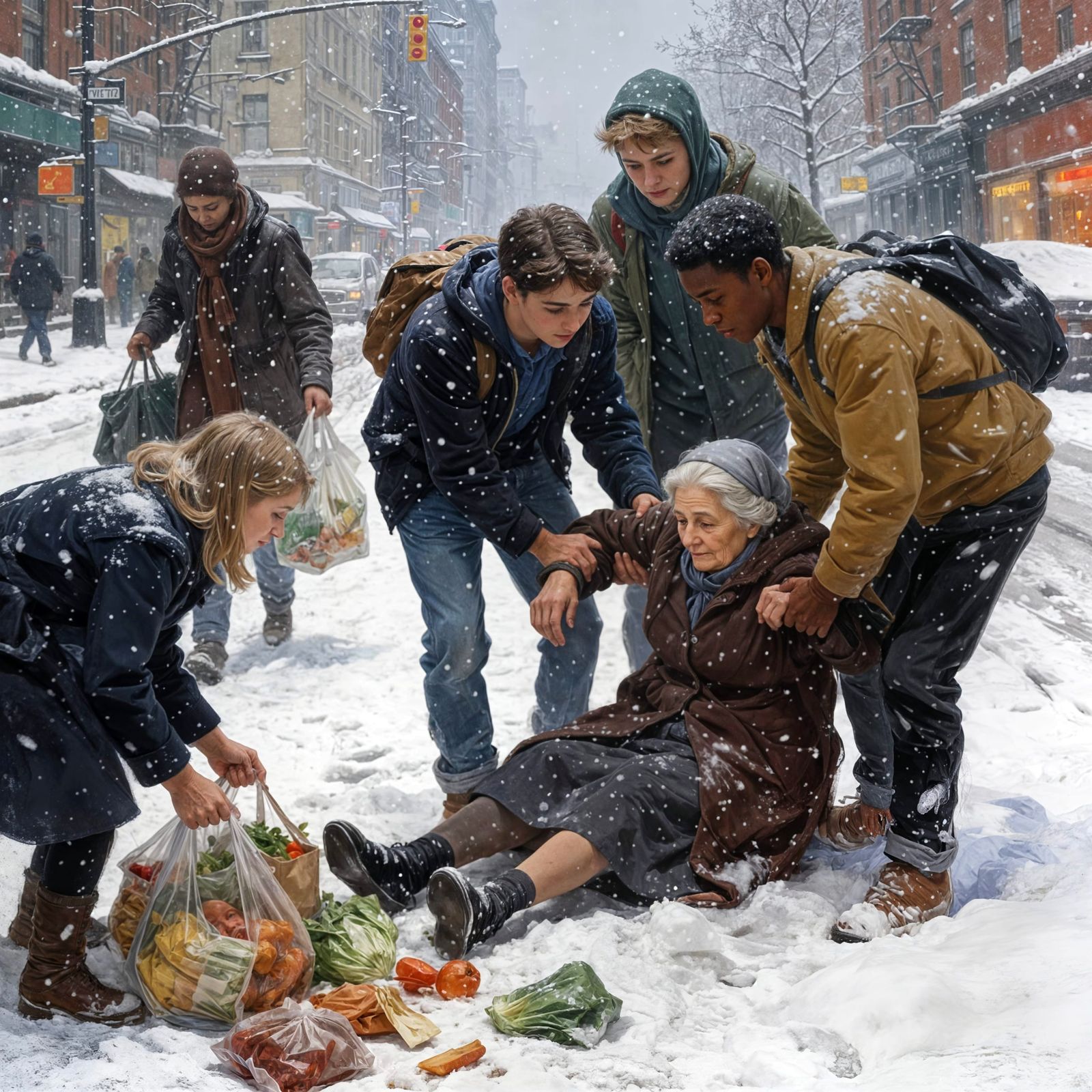 Kindness in Winter City: People Help Elderly Woman