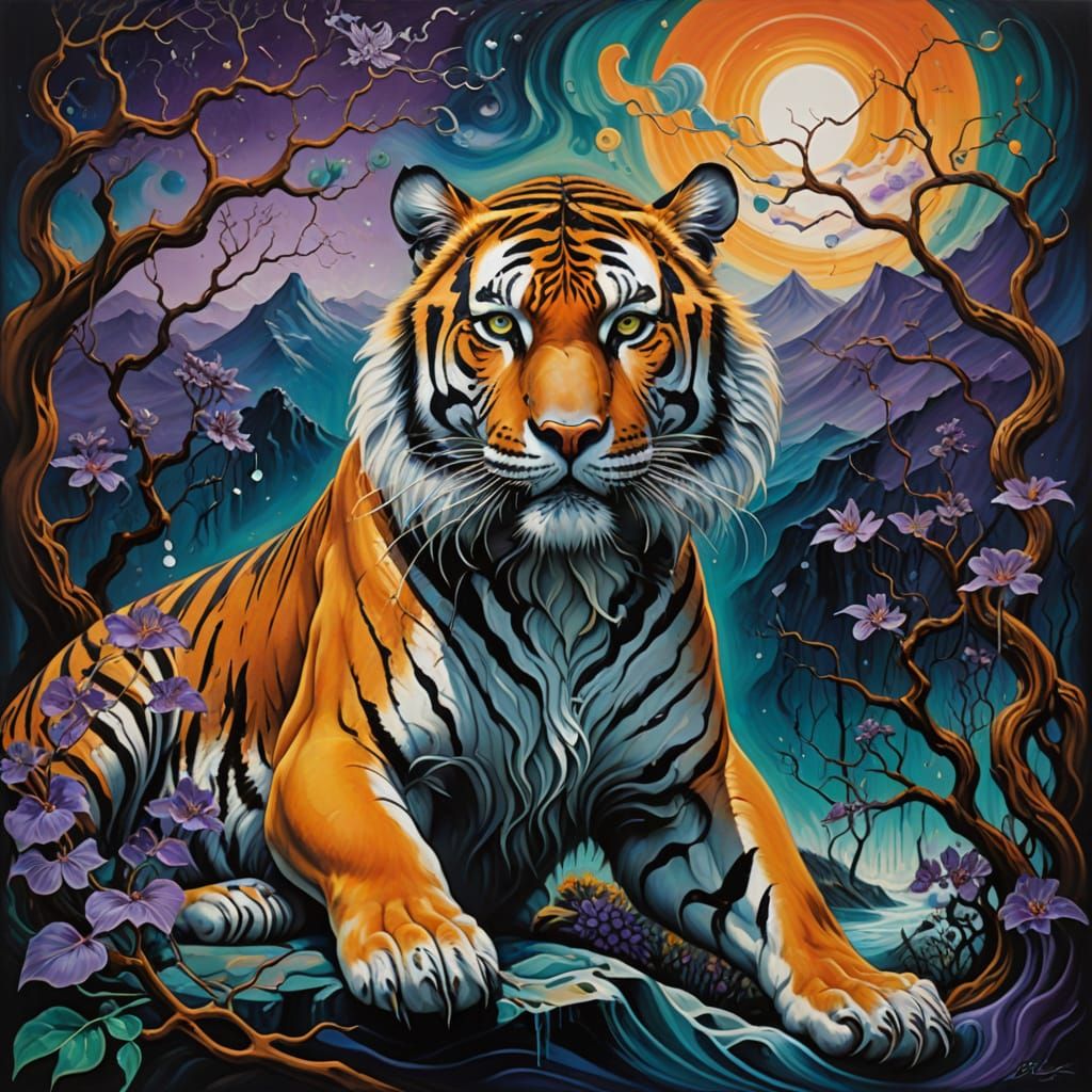 Surrealist Tiger in Midnight Dreamscape