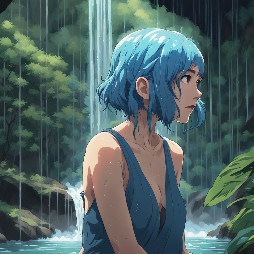 Anime Girl Showering in Rainforest, Ghibli Style
