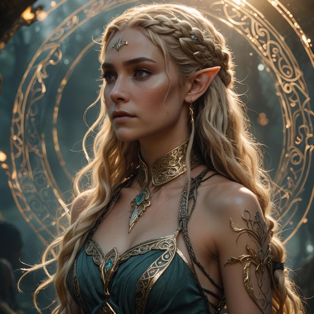 Ethereal Elf Queen with Golden Hair and Tattoos