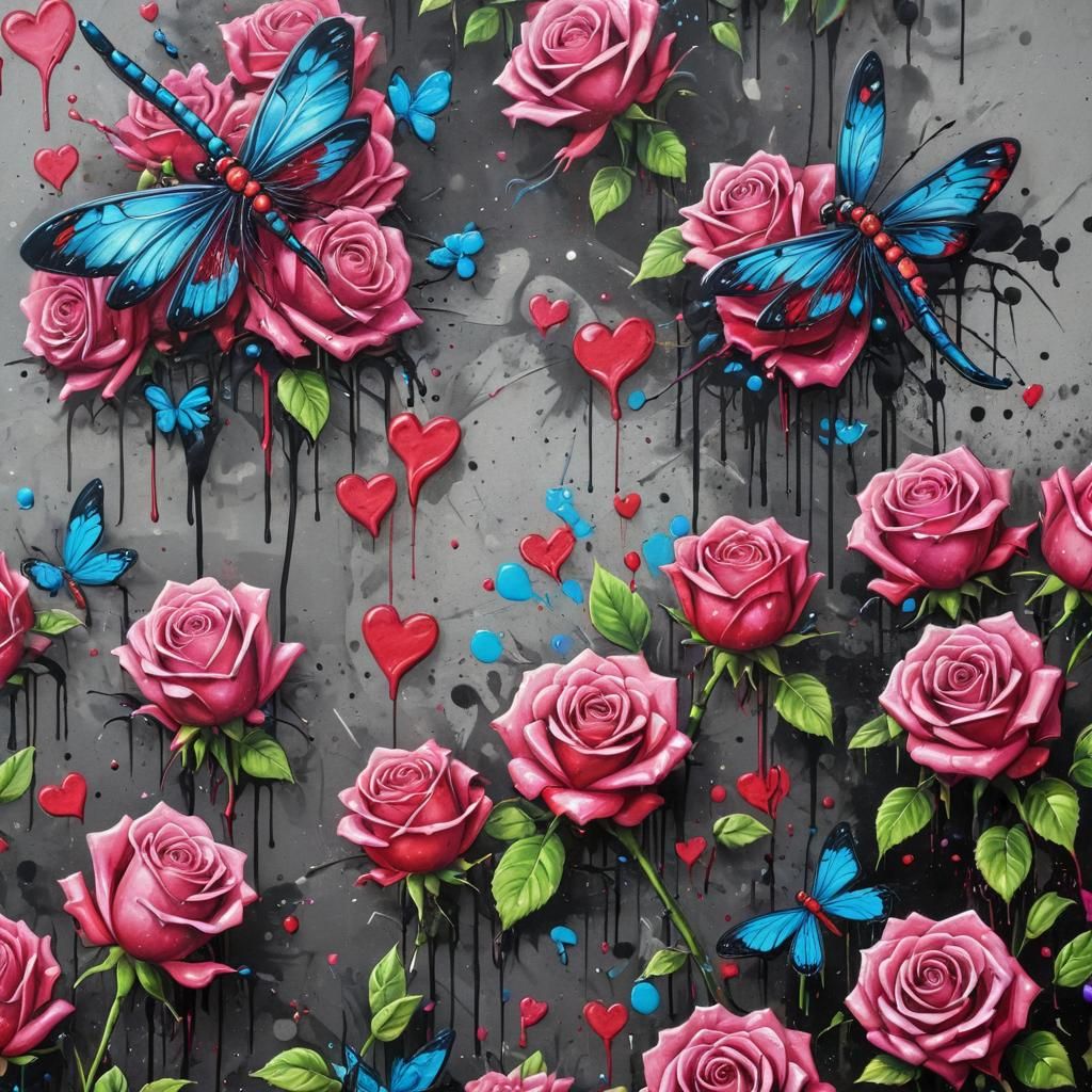 Super bright Roses, hearts and dragonflies