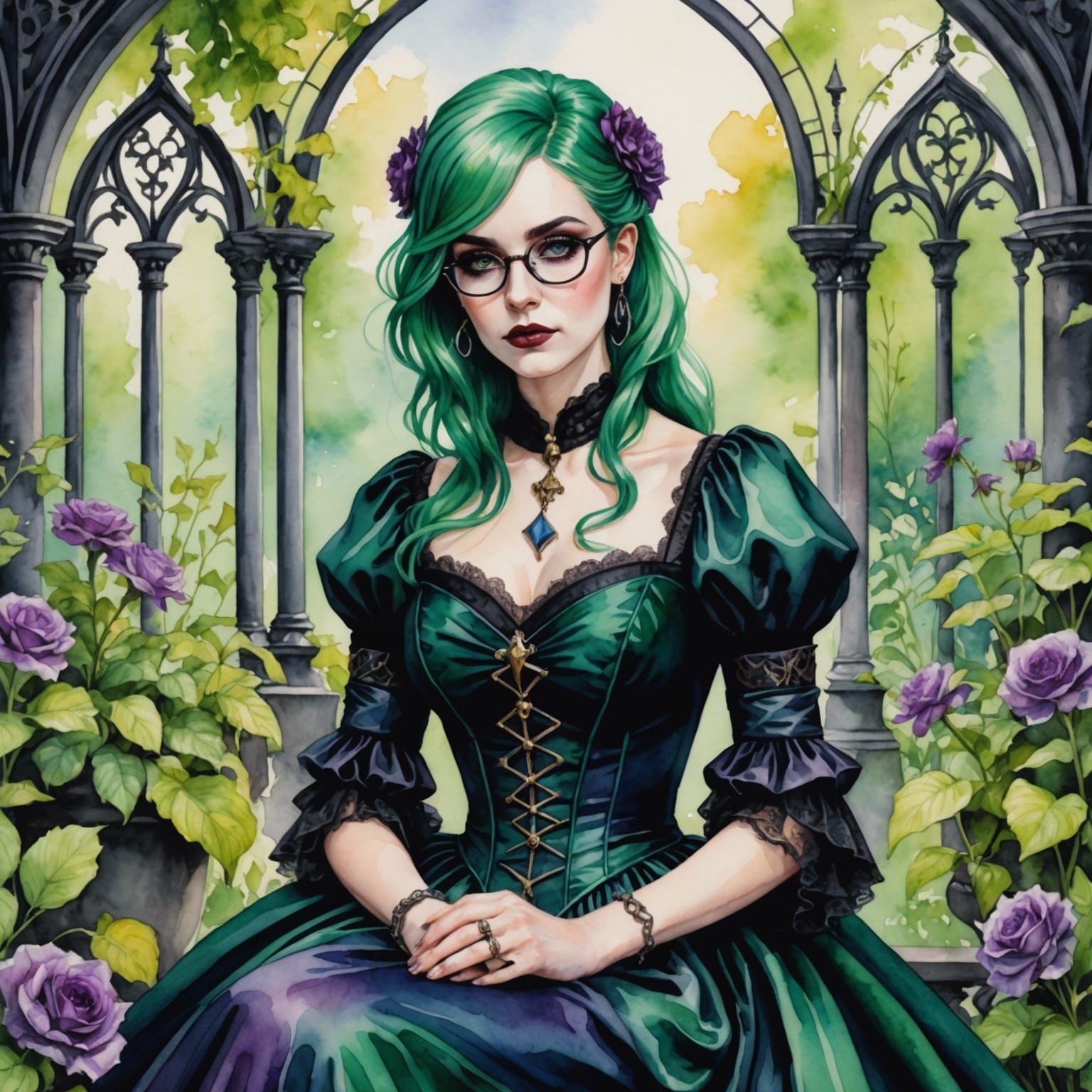 Green-Haired Woman in Garden, Watercolor Style
