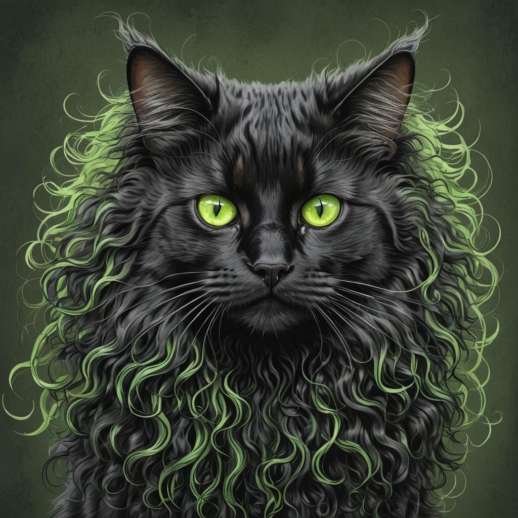 black cat with flowing curly hair with bright green eyes