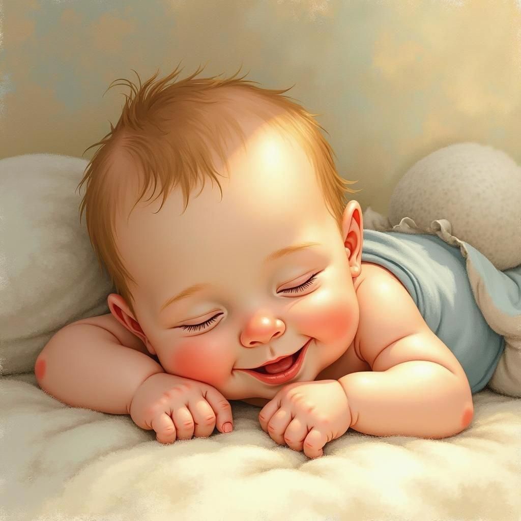 Smiling Baby with Hands on Belly Inhaling