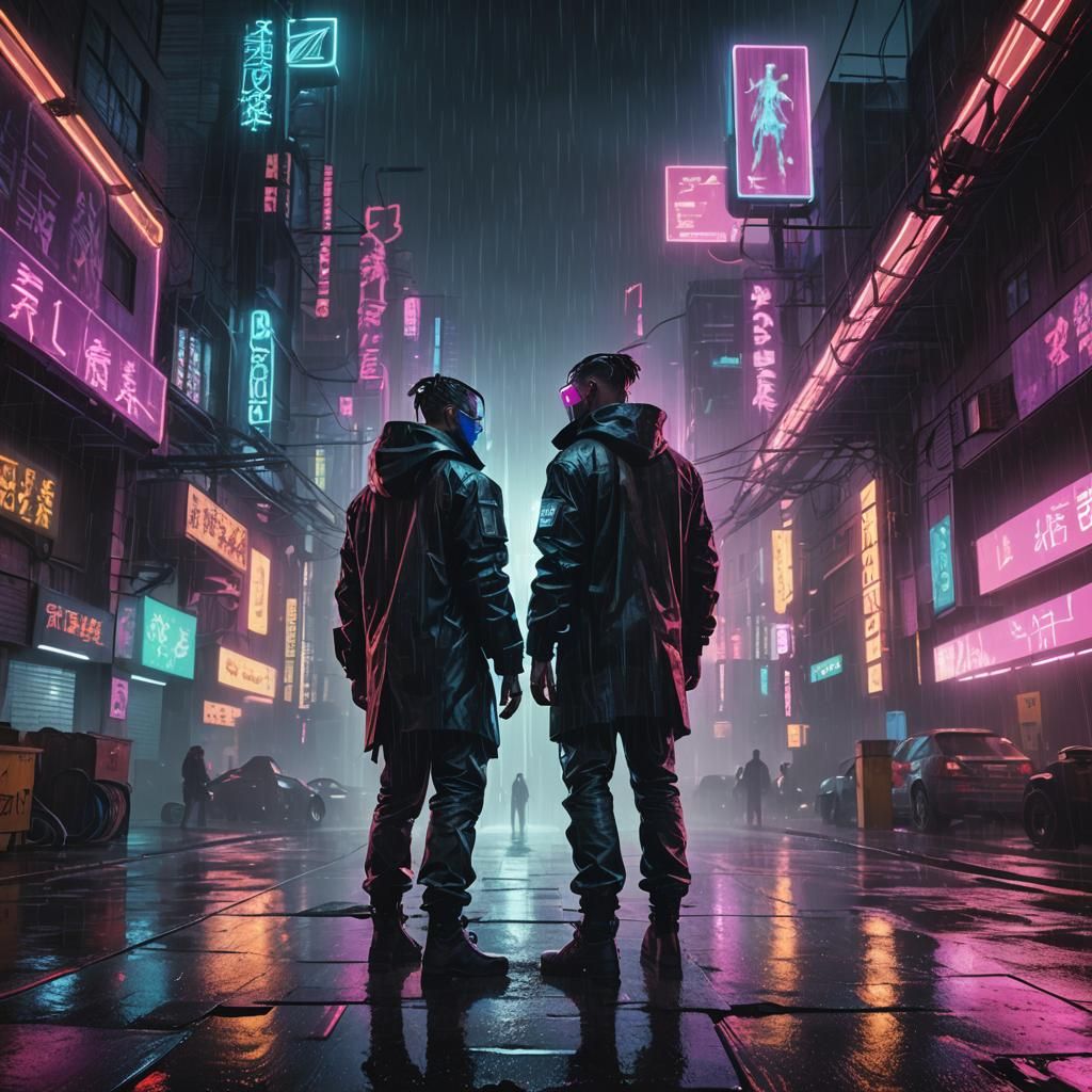 Cyberpunk Confrontation in Rainy Cityscape
