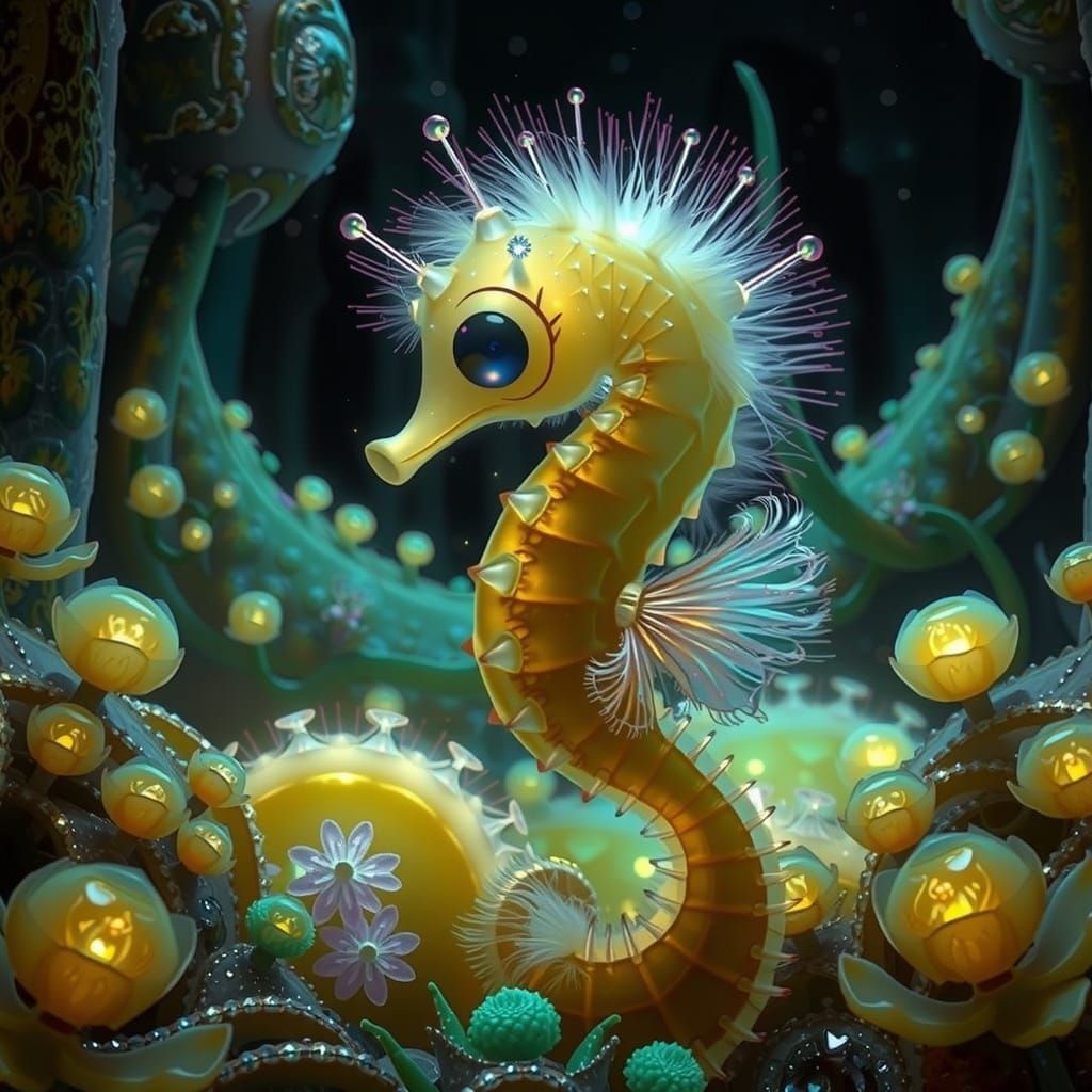 Iridescent Seahorse with Wings in Crystalline Cave