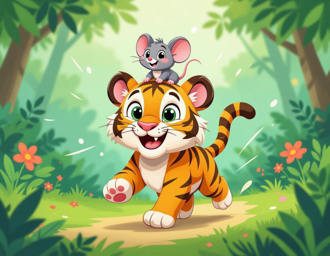 Happy Tiger and Mouse Adventure in Cartoon Style