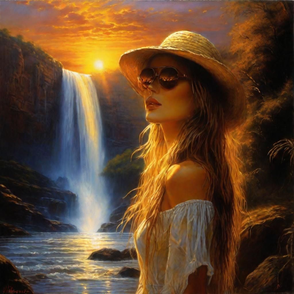 Woman in Sunglasses and Straw Hat at Majestic Waterfall