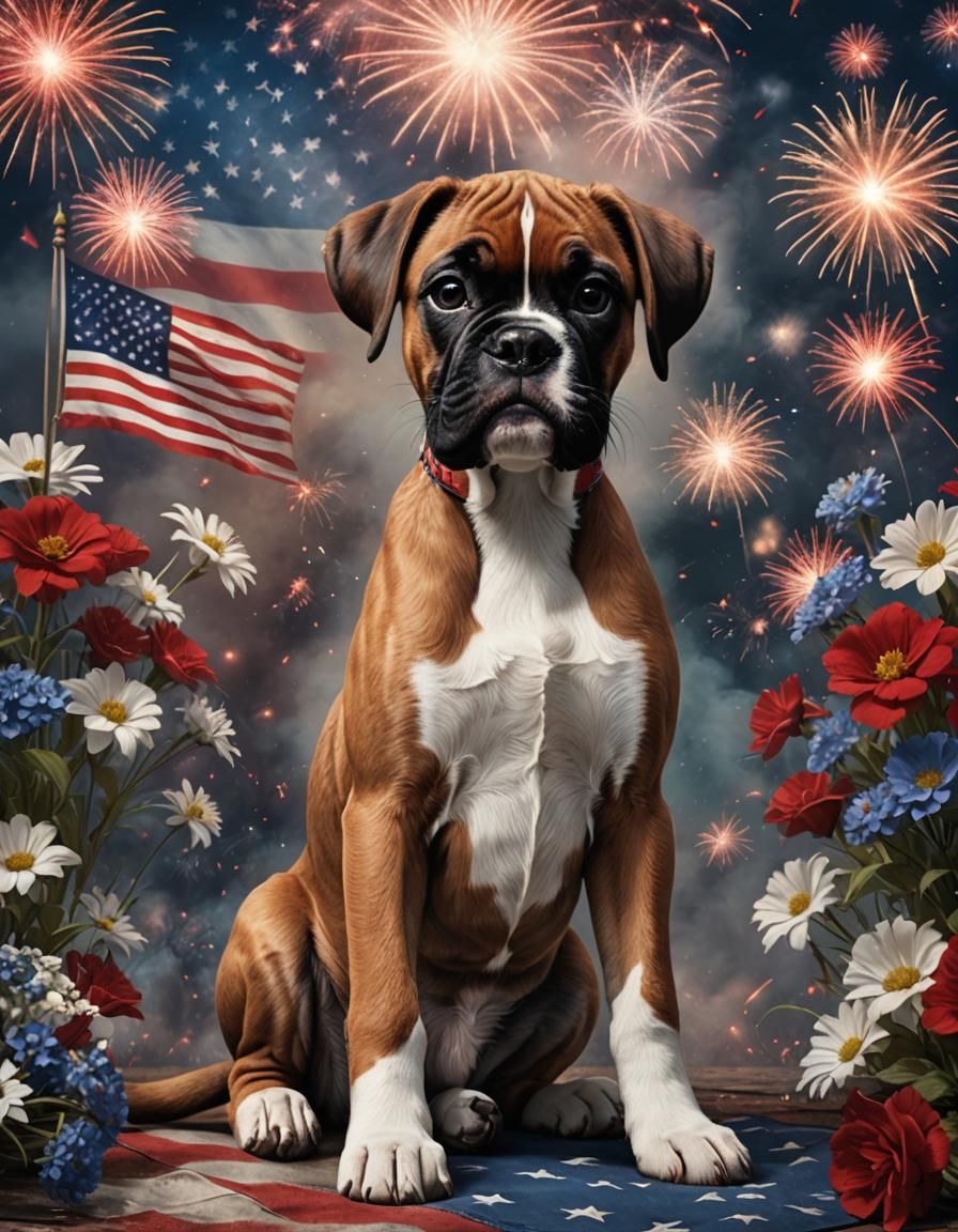 Patriotic Boxer Puppy with Fireworks, Matte Painting