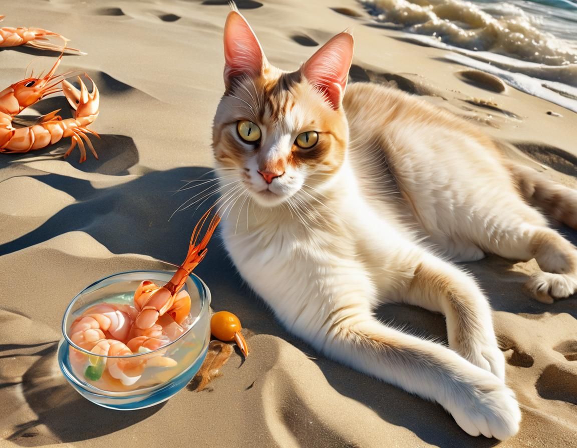 Cat's Beach Vacation: A Gouache-Style Impressionist Masterpi...
