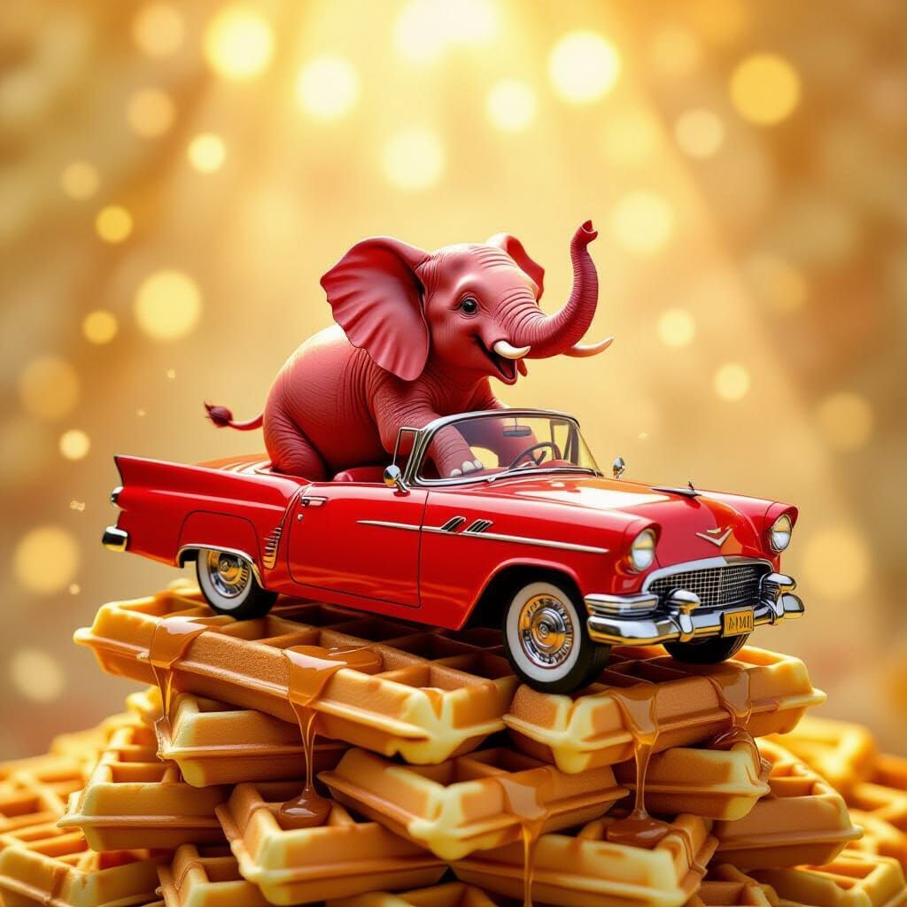Crimson Elephant Drives Convertible Up Waffle Stack