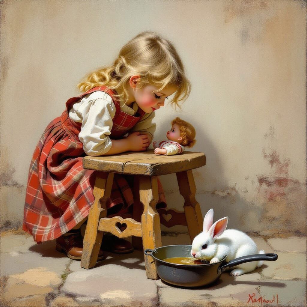 Impressionistic Painting of Girl and Doll on Stool