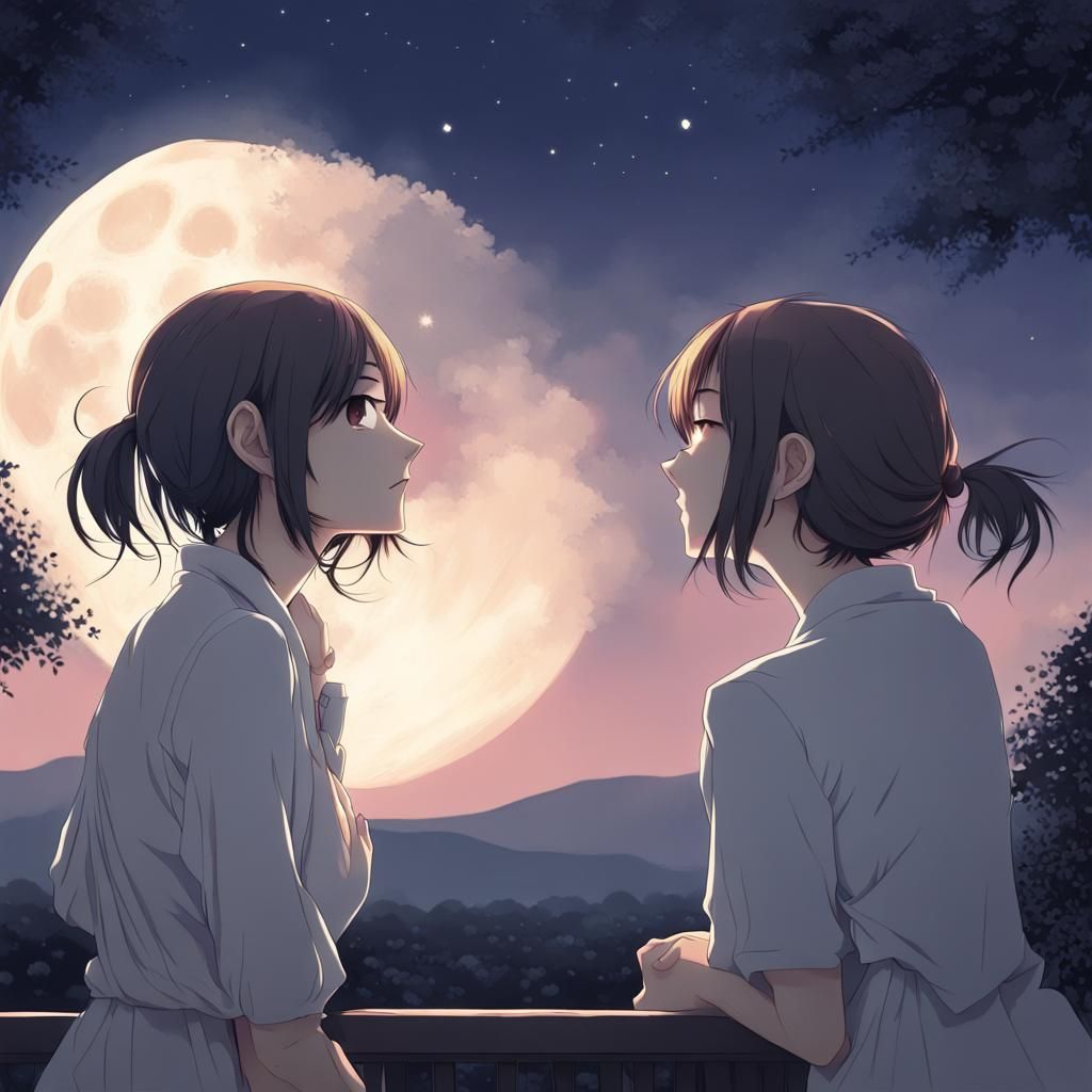 Lesbian Couple Stargazing in Anime Style