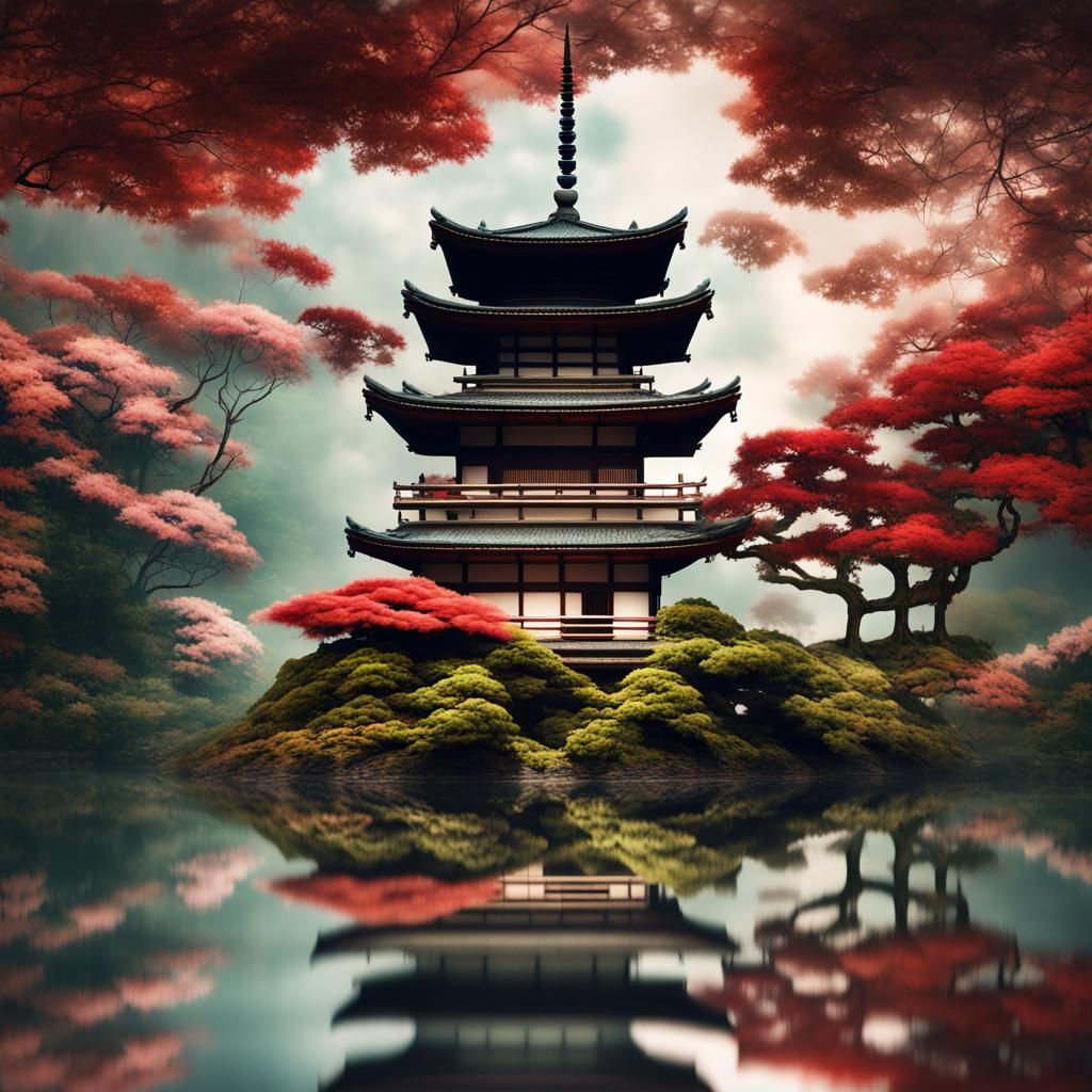 Japanese Pagoda with Bonsai Tree: Digital Matte Painting