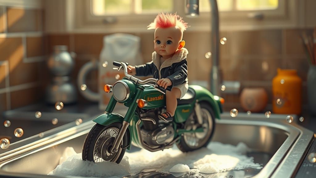 Vintage-Style Film Still of Baby Biker on Metallic Motorcycl...