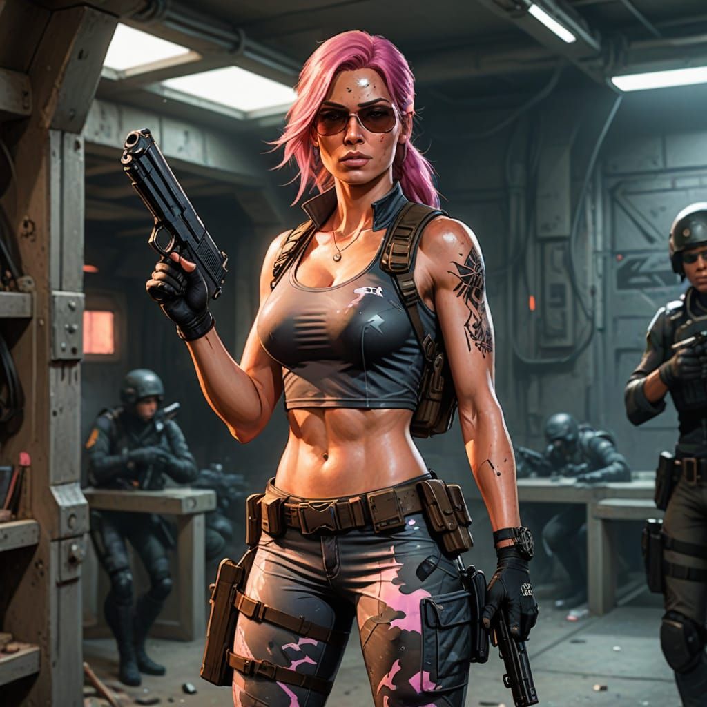 Camo Lara Croft with Desert Eagles, Comic Book Art