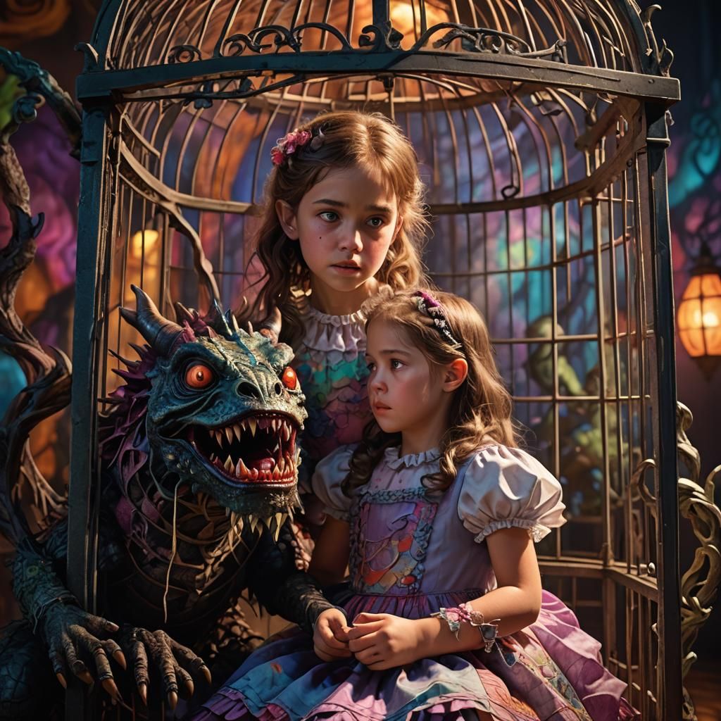 Daughter Feeds the Fearsome Creature in a Vibrant, Cinematic...