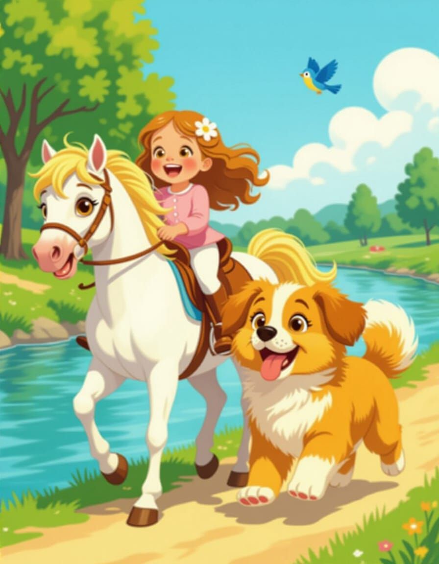 Girl, Horse, and Puppy Laughing in Storybook Illustration