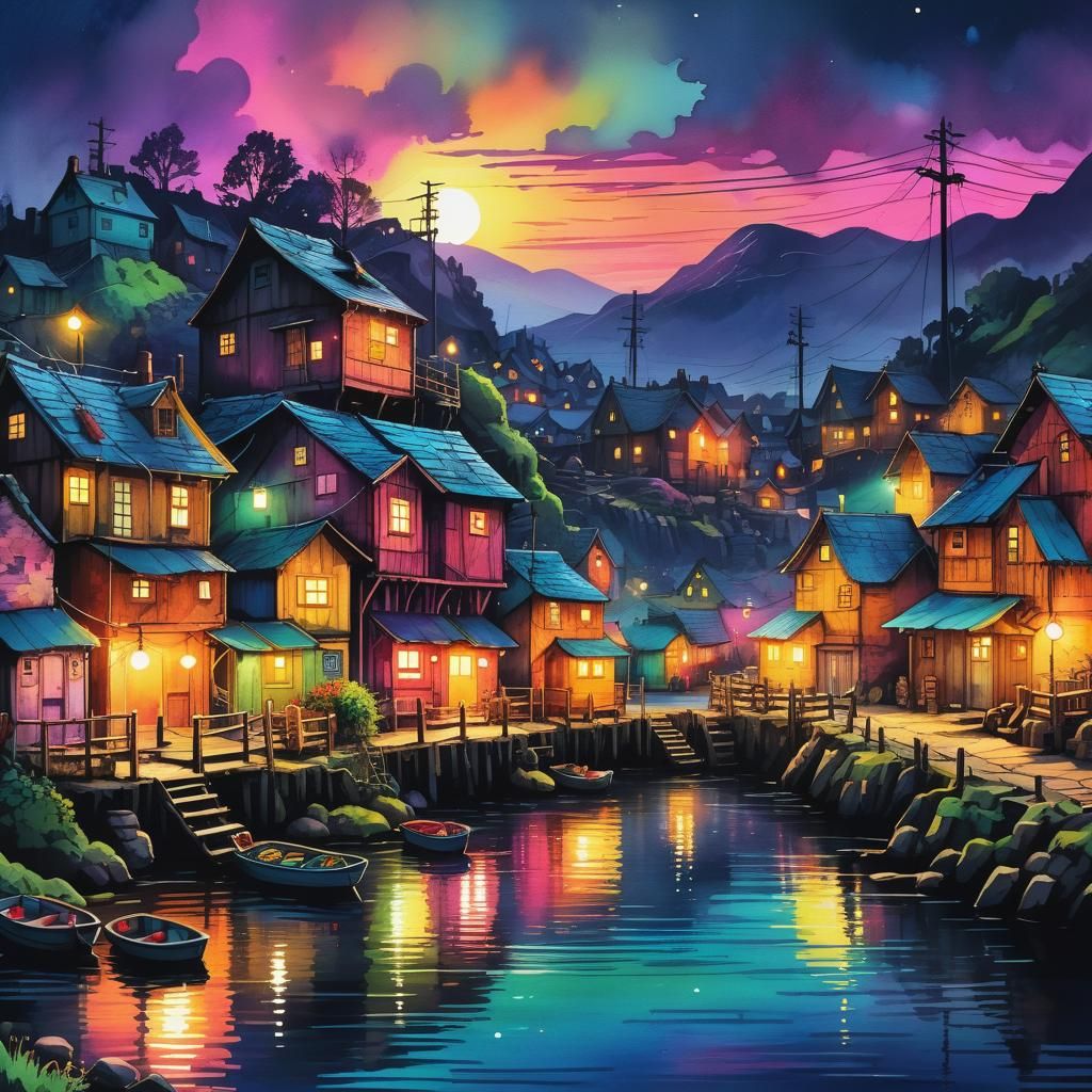 Sunset Over Rustic Fishing Village in Watercolor