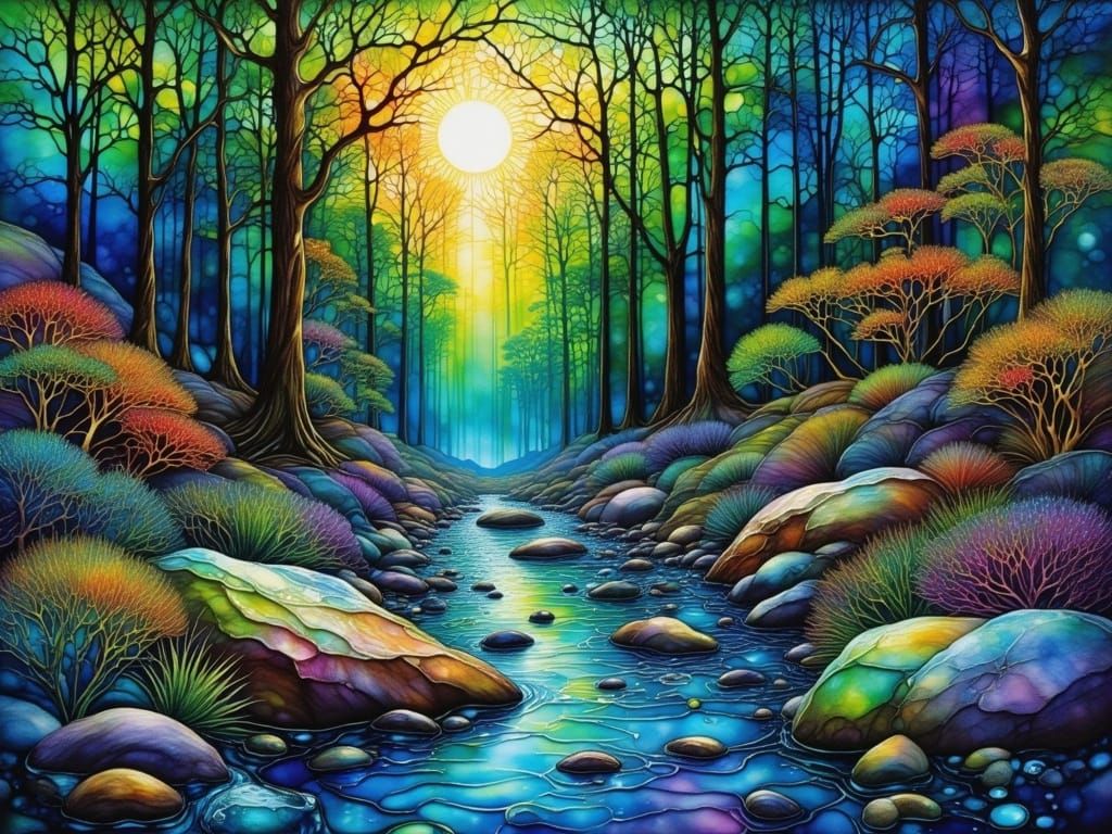 Vibrant River Flowing Through Blue Alcohol Ink Glasswork