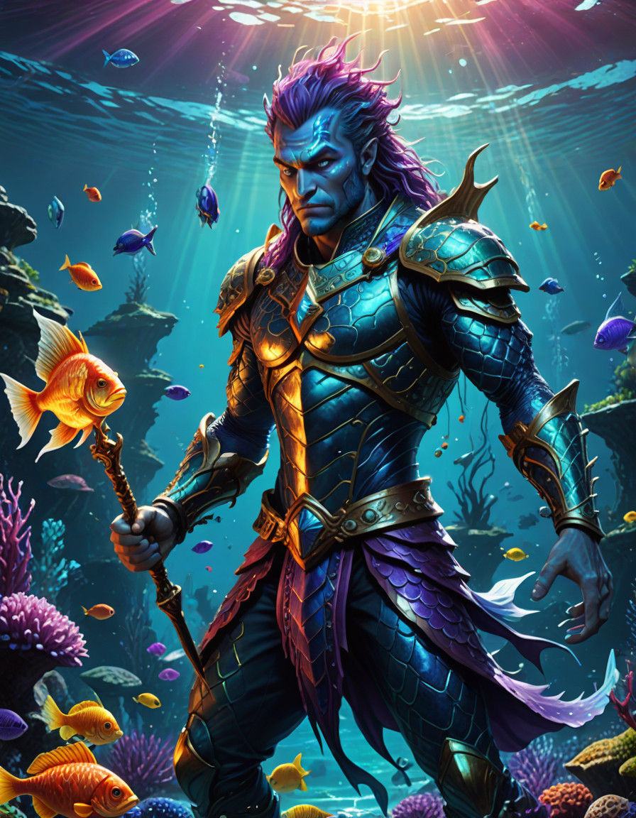 Majestic Merfolk Warlord Casts Spells in Underwater Realm