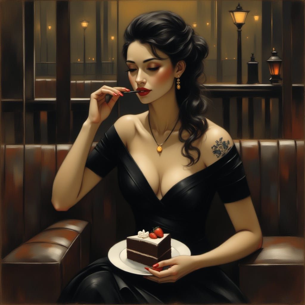 Elegant Woman Enjoys Rich Chocolate Cake