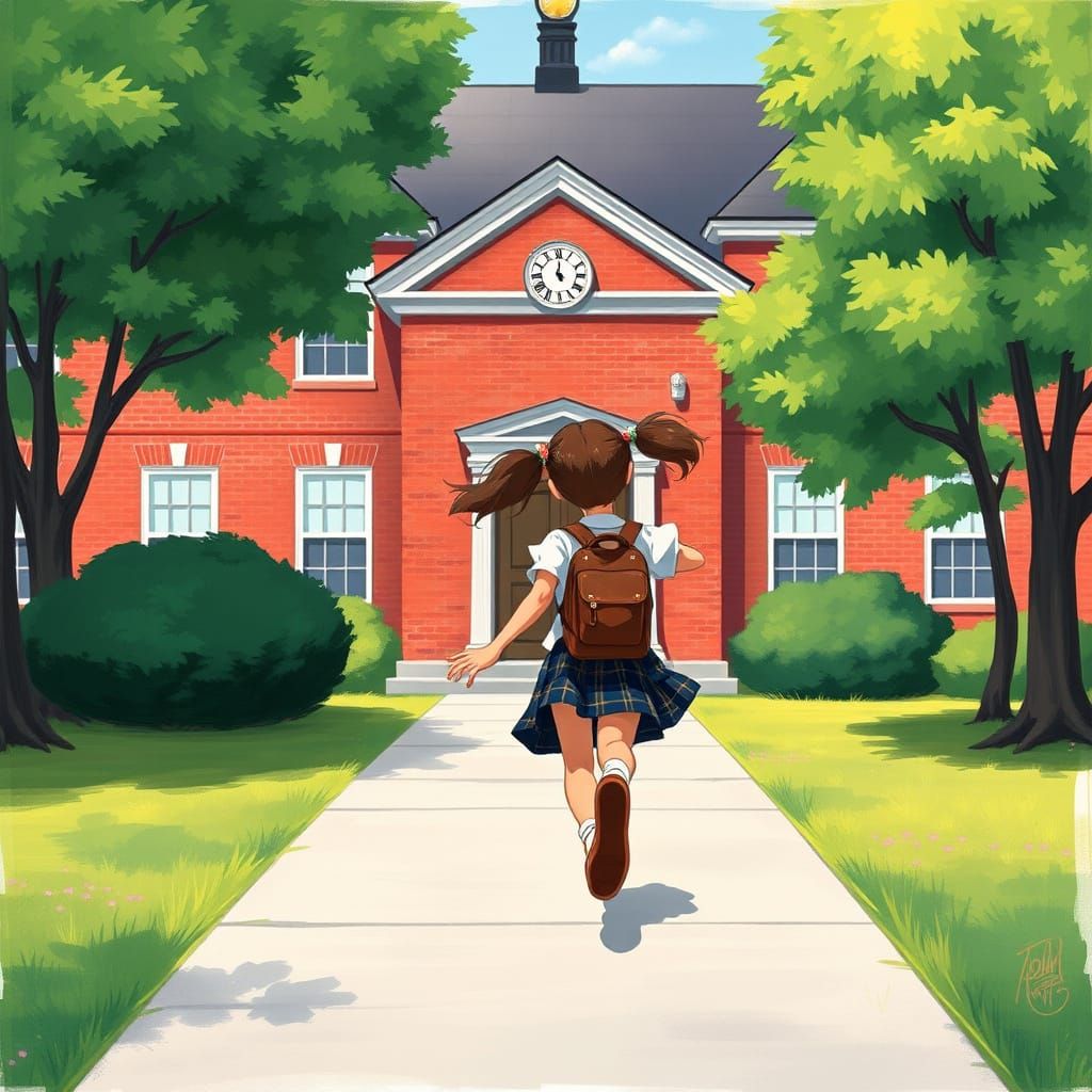 Girl Runs to School in Whimsical Digital Art